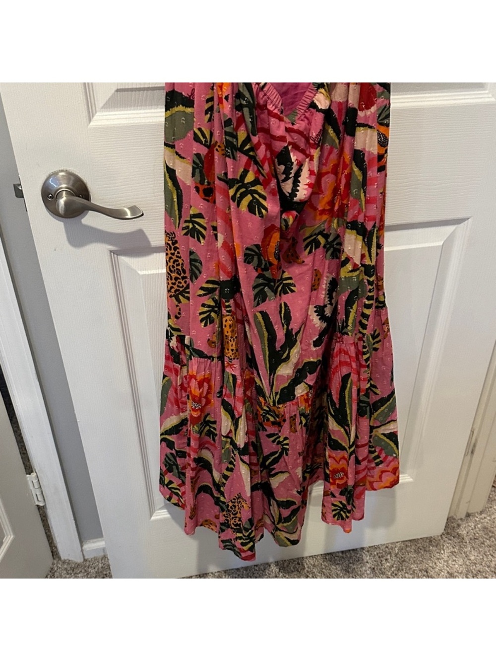 🐅Farm Rio for Anthropologie Pink Forest Print Midi Open Back Summer Dress Large - Picture 11 of 11